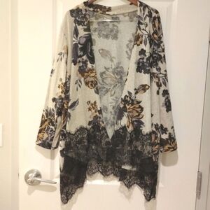Chenault Cardigan Sweater Kimono Lace Trim Floral Rose Handkerchief Hem Plus 3x